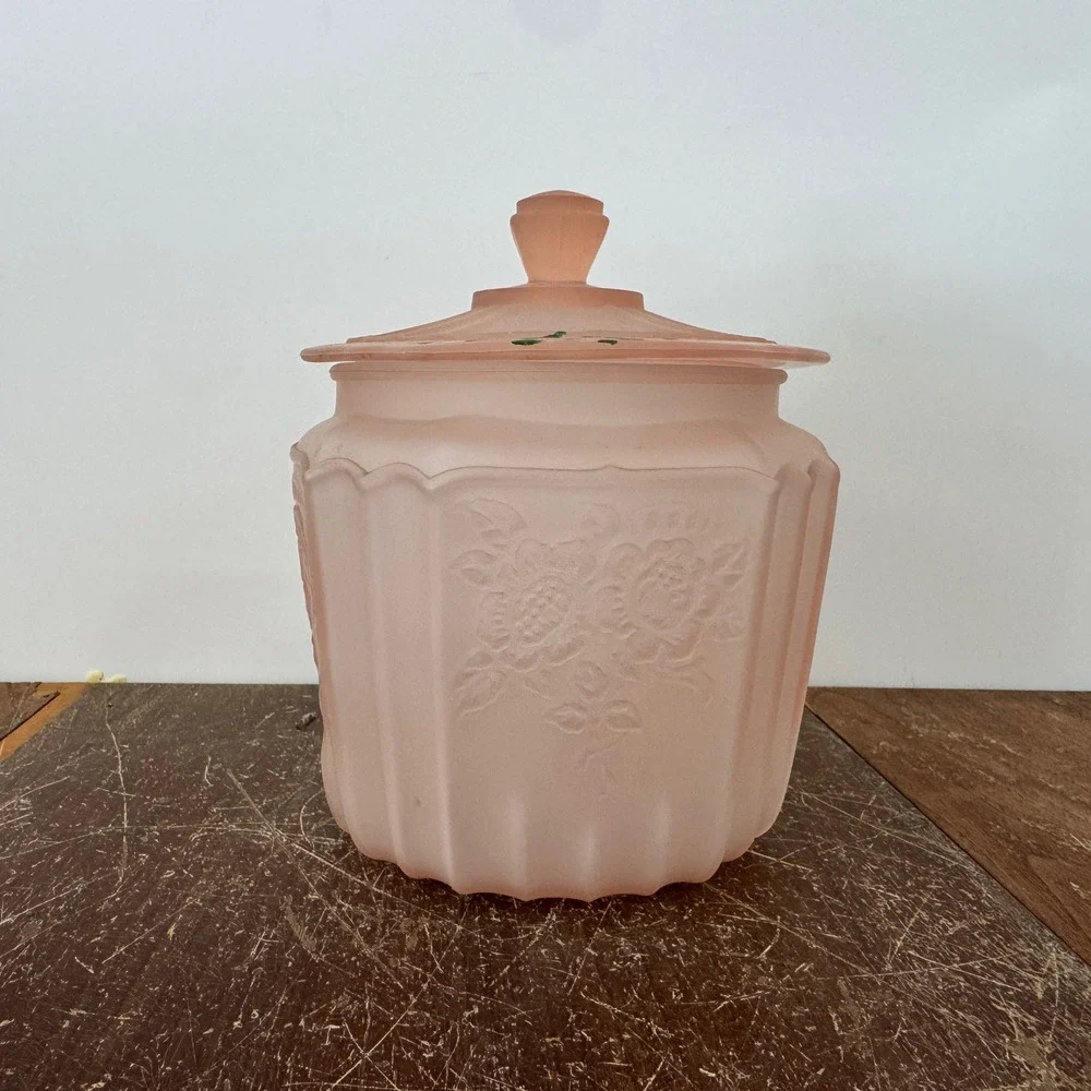 Antique Pink Depression Frosted Satin Glass Biscuit Jar Hand Painted Floral‎ Lid